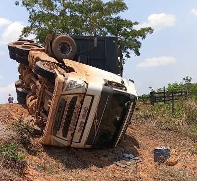 Caminhão com cerca de 44 bovinos sai da pista e tomba na MT-325, em Alta Floresta